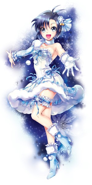 Anime picture 797x1595 with idolmaster kikuchi makoto cu-rim single tall image looking at viewer blush short hair open mouth blue eyes blue hair snowflake liliput girl dress hair ornament shoes frills snowflake (snowflakes) snowflake hair ornament