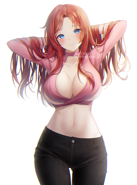 Anime picture 2626x3531 with original meoyo single long hair tall image looking at viewer blush fringe highres breasts blue eyes light erotic simple background smile large breasts standing white background signed cleavage red hair