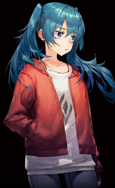 Anime picture 829x1350 with vocaloid suna no wakusei (vocaloid) hatsune miku ryono mizuki single long hair tall image fringe blue eyes simple background hair between eyes standing twintails payot looking away aqua hair open jacket black background hand in pocket girl