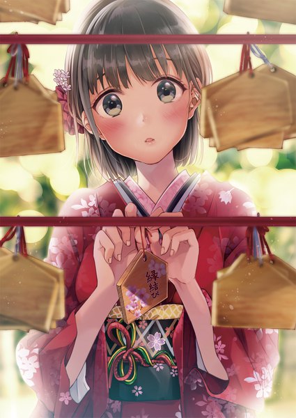 Anime picture 1090x1537 with original matsuzaki miyuki single tall image looking at viewer blush fringe short hair open mouth black hair standing holding green eyes blunt bangs traditional clothes parted lips japanese clothes wide sleeves depth of field floral print