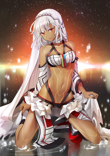 Anime picture 900x1273 with fate (series) fate/grand order fate/extra fate/extella altera (fate) ice (ice aptx) single tall image looking at viewer blush fringe short hair breasts light erotic hair between eyes red eyes bare shoulders cleavage full body white hair