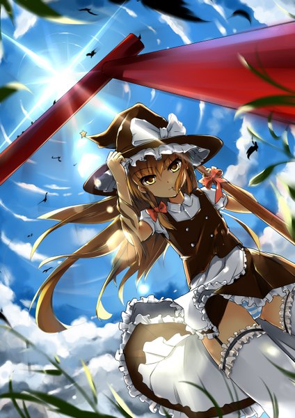 Anime picture 1000x1414 with touhou kirisame marisa baisi shaonian single long hair tall image looking at viewer light erotic blonde hair yellow eyes braid (braids) wind from below pantyshot lens flare single braid witch girl thighhighs dress