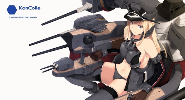 Anime picture 1170x630 with kantai collection bismarck battleship hews single long hair blue eyes light erotic blonde hair wide image bare shoulders girl gloves underwear panties weapon elbow gloves peaked cap