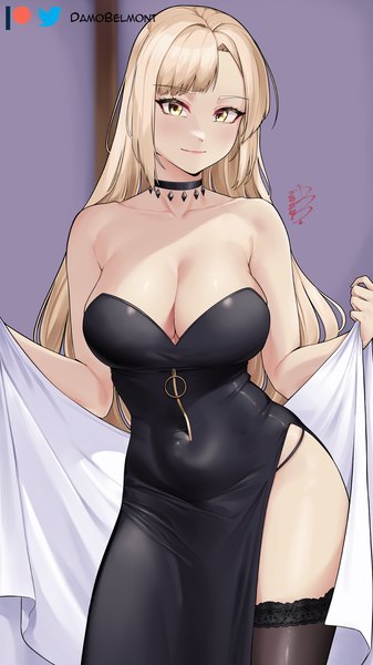 Anime picture 900x1600 with nozomanu fushi no boukensha lorraine vivie damobelmont single long hair tall image looking at viewer fringe breasts light erotic blonde hair smile large breasts standing bare shoulders holding signed yellow eyes payot indoors