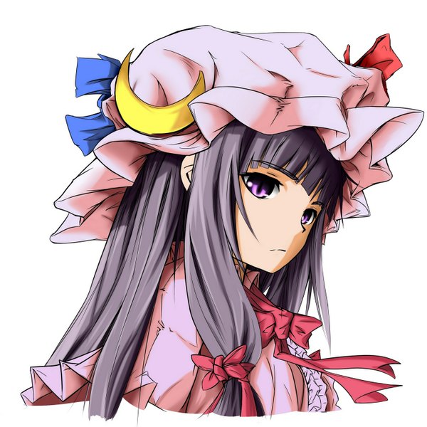 Anime picture 1400x1400 with touhou patchouli knowledge tan (carbon) single long hair simple background white background purple eyes upper body grey hair crescent girl dress bow hair bow bonnet