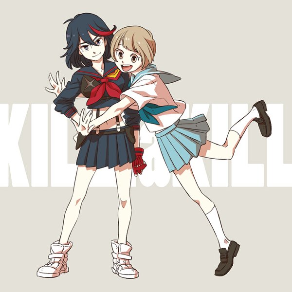 Anime picture 1000x1000 with kill la kill studio trigger matoi ryuuko mankanshoku mako to siva looking at viewer short hair open mouth blue eyes black hair simple background brown hair multiple girls brown eyes full body red hair pleated skirt multicolored hair inscription two-tone hair