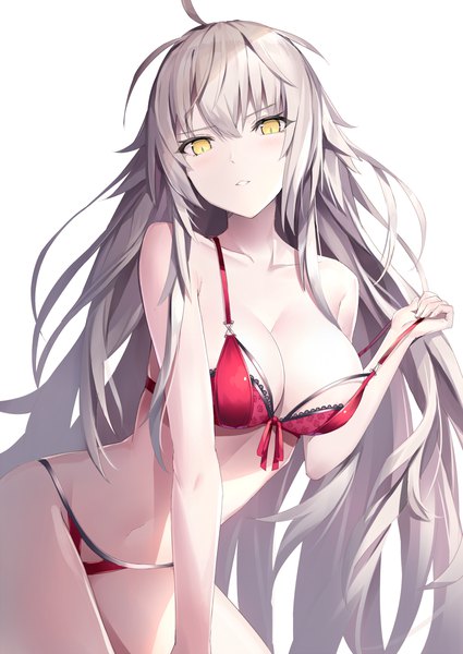 Anime picture 864x1221 with fate (series) fate/grand order jeanne d'arc (fate) (all) jeanne d'arc alter (fate) rin yuu single long hair tall image looking at viewer blush fringe breasts light erotic simple background hair between eyes large breasts standing white background bare shoulders yellow eyes