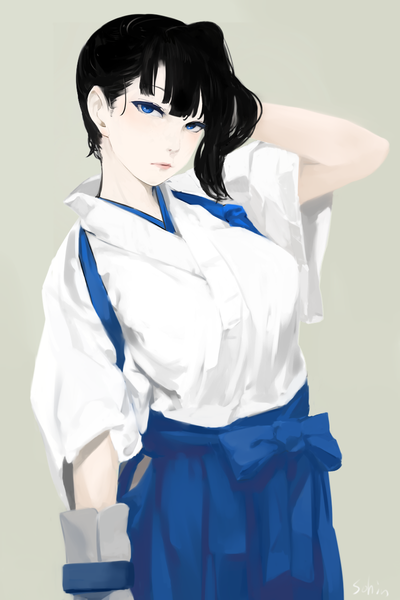 Anime picture 800x1200 with kantai collection kaga aircraft carrier sohin single long hair tall image looking at viewer blue eyes black hair simple background blunt bangs traditional clothes japanese clothes grey background side ponytail arm behind head pale skin girl single glove