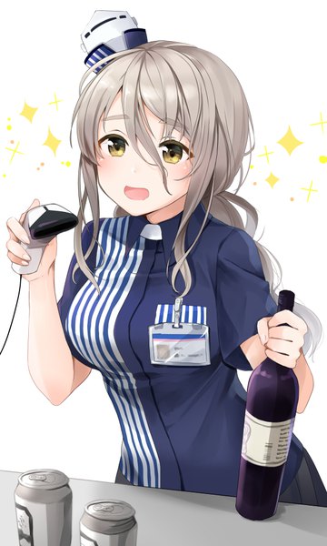 Anime picture 600x1000 with kantai collection lawson pola (kantai collection) yuna (yukiyuna) single long hair tall image fringe open mouth hair between eyes yellow eyes :d grey hair low ponytail girl uniform hat bottle alcohol mini hat