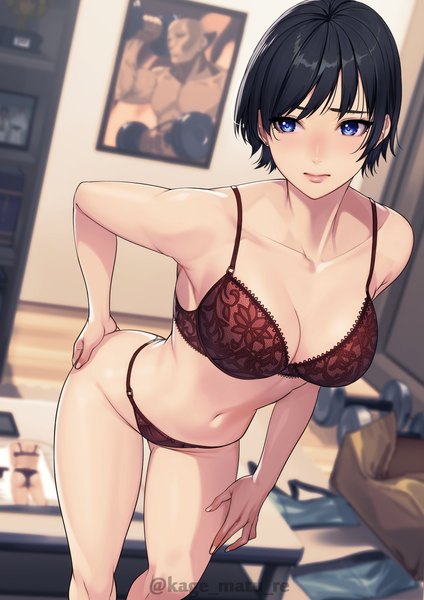 Anime picture 2026x2865 with original kagematsuri single tall image fringe highres short hair breasts blue eyes light erotic black hair large breasts signed looking away cleavage indoors blurry leaning depth of field leaning forward