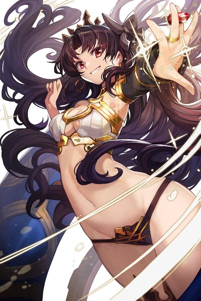 Anime picture 800x1200 with fate (series) fate/grand order ishtar (fate) goomrrat single long hair tall image looking at viewer fringe breasts light erotic black hair simple background smile red eyes standing white background bare shoulders cleavage sparkle