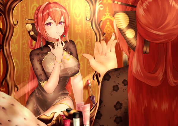 Anime picture 2000x1415 with azur lane monarch (azur lane) monarch (black qipao) (azur lane) cacaofire single long hair looking at viewer blush fringe highres breasts hair between eyes red eyes large breasts sitting payot upper body red hair indoors braid (braids)