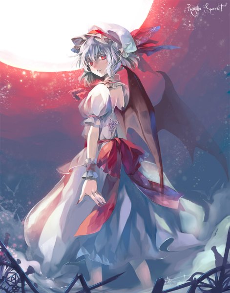Anime picture 943x1200 with touhou remilia scarlet fori single tall image looking at viewer short hair red eyes standing purple hair nail polish looking back character names girl dress ribbon (ribbons) wings moon wrist cuffs full moon