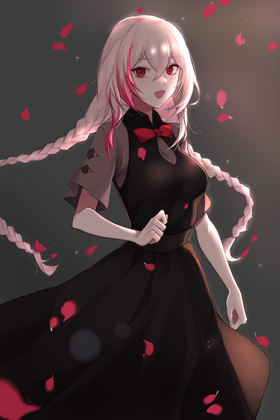Anime picture 992x1488 with girls frontline m4 sopmod ii (girls frontline) qb 516 single long hair tall image looking at viewer blush fringe breasts open mouth simple background smile hair between eyes red eyes standing pink hair braid (braids) :d multicolored hair