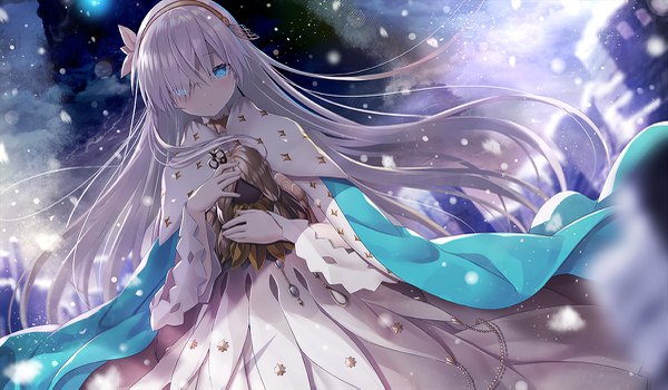 Anime picture 1200x701 with fate (series) fate/grand order anastasia (fate) viy (fate) yano mitsuki single long hair looking at viewer blush fringe blue eyes wide image holding silver hair hair over one eye dutch angle floating hair girl dress headband