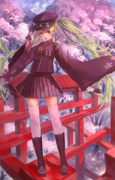 Anime picture 1024x1600 with vocaloid senbonzakura (vocaloid) hatsune miku zrero single long hair tall image twintails brown eyes green hair cherry blossoms girl thighhighs gloves uniform plant (plants) white thighhighs tree (trees) military uniform peaked cap