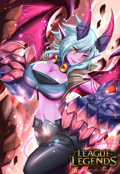 Anime picture 1024x1475 with league of legends vi (league of legends) torahime (roland00) tall image short hair breasts light erotic smile silver hair horn (horns) pointy ears orange eyes huge breasts demon girl demon wings girl wings