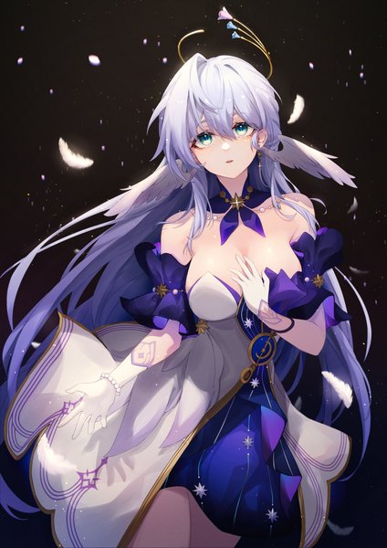 Anime picture 1447x2047 with honkai: star rail honkai (series) robin (honkai: star rail) ru yan single long hair tall image fringe breasts open mouth light erotic simple background hair between eyes large breasts standing bare shoulders looking away silver hair aqua eyes hand on chest