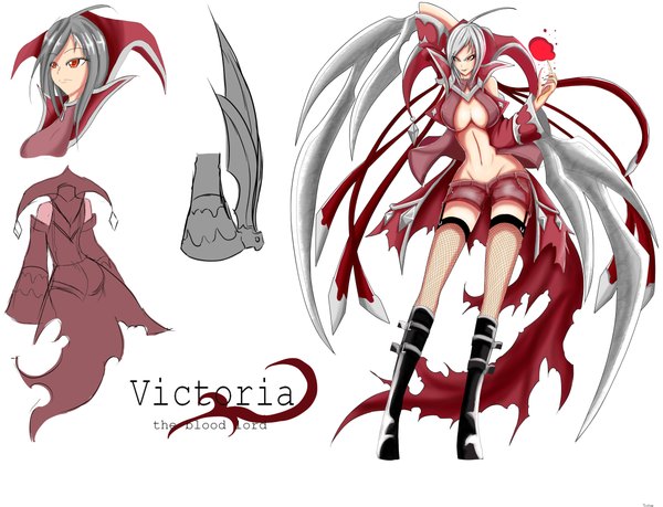 Anime picture 4700x3600 with league of legends vladimir (league of legends) torahime (roland00) single highres short hair breasts light erotic red eyes large breasts white background absurdres grey hair midriff torn clothes magic vampire genderswap girl thighhighs