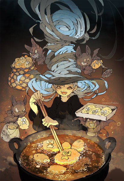 Anime picture 852x1239 with original demizu posuka long hair tall image open mouth smile signed yellow eyes blue hair fang (fangs) witch cooking girl dress hat animal black dress witch hat bat