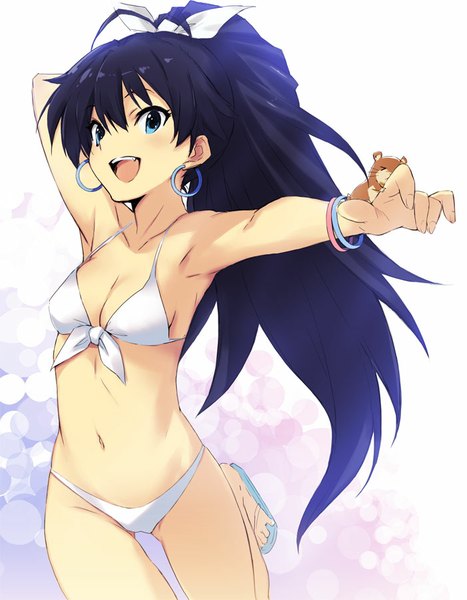 Anime picture 701x900 with idolmaster ganaha hibiki hamuzou kawata hisashi single long hair tall image looking at viewer open mouth blue eyes light erotic black hair ahoge ponytail :d outstretched arm arm behind head leg lift (legs lift) girl swimsuit
