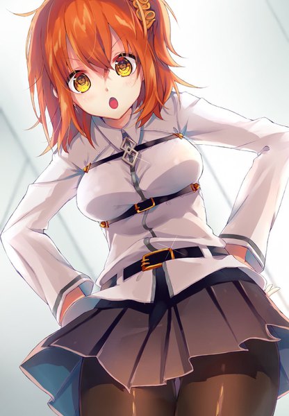 Anime picture 1024x1476 with fate (series) fate/grand order fujimaru ritsuka (female) tyanotya single tall image looking at viewer blush fringe short hair breasts open mouth light erotic hair between eyes large breasts standing white background yellow eyes upper body ponytail