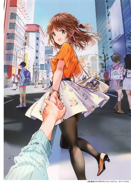 Anime picture 2369x3351 with original tiv long hair tall image looking at viewer blush fringe highres open mouth smile brown hair standing brown eyes sky bent knee (knees) outdoors blunt bangs :d scan short sleeves