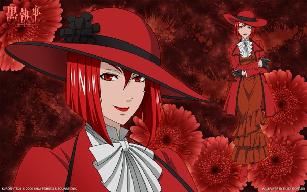 Anime picture 2560x1600 with kuroshitsuji a-1 pictures angelina durless (madame red) highres short hair red eyes wide image red hair girl dress gloves flower (flowers) hat