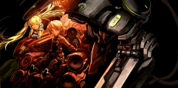 Anime picture 1480x733 with damin (won) short hair blonde hair smile red eyes wide image twintails multiple girls green eyes very long hair girl gloves 2 girls bodysuit pilot suit mecha speakers