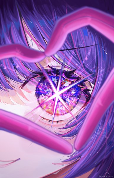 Anime picture 3794x5900 with oshi no ko hoshino ai (oshi no ko) dubeaduver single tall image looking at viewer highres smile purple eyes absurdres purple hair symbol-shaped pupils close-up heart hands girl gloves pink gloves eye