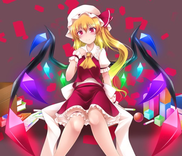 Anime picture 1400x1200 with touhou flandre scarlet gisyo single blush short hair blonde hair smile red eyes one side up girl dress skirt wings frills book (books) bonnet skirt set crystal ascot