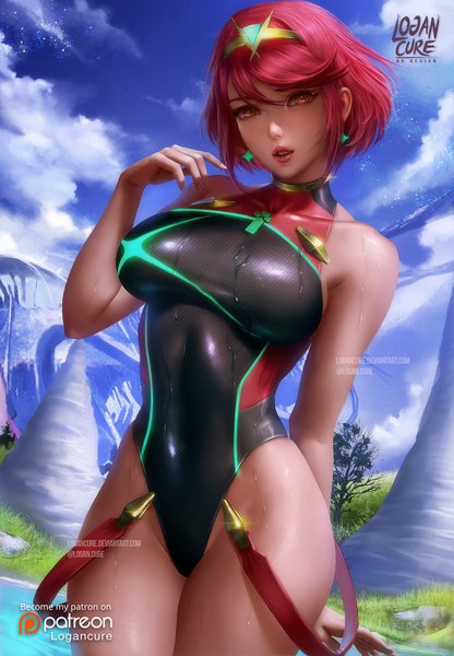 Anime-Bild 1500x2160 mit xenoblade xenoblade 2 pyra (xenoblade) pyra (pro swimmer) (xenoblade) logan cure single tall image looking at viewer blush fringe short hair breasts light erotic hair between eyes red eyes large breasts standing bare shoulders signed sky