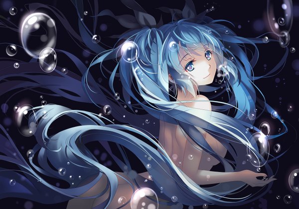 Anime picture 3000x2100 with vocaloid hatsune miku single long hair looking at viewer fringe highres breasts blue eyes light erotic smile large breasts twintails bare shoulders blue hair ass looking back bare legs bare belly underwater