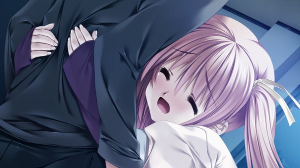 Anime picture 1280x720 with itoshii kanojo no mamorikata (game) charlotte tiger senomoto hisashi long hair open mouth blonde hair wide image twintails game cg eyes closed hug girl ribbon (ribbons) hair ribbon