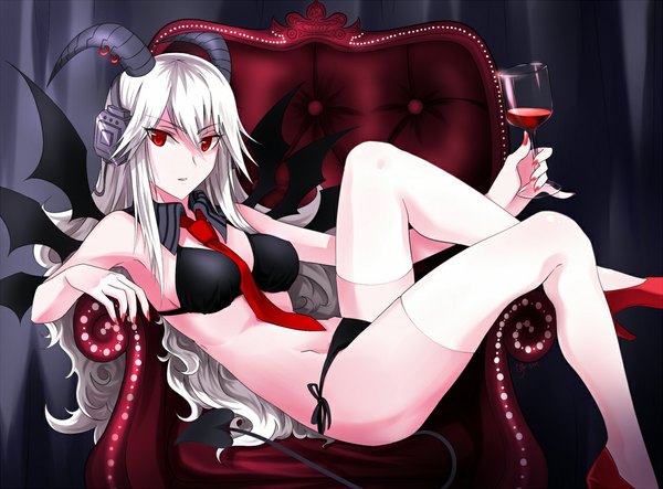 Anime picture 1144x845 with haiiro teien sm318 single long hair looking at viewer light erotic red eyes holding bent knee (knees) white hair nail polish horn (horns) fingernails multiple wings girl thighhighs navel swimsuit bikini white thighhighs