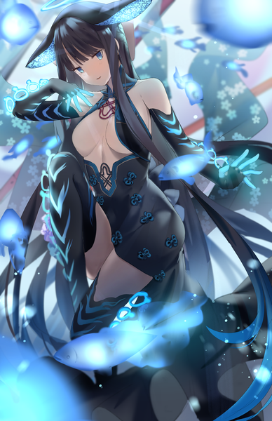 Anime picture 1100x1700 with fate (series) fate/grand order yang guifei (fate) grape (pixiv27523889) single tall image looking at viewer fringe breasts blue eyes light erotic black hair large breasts sitting blunt bangs very long hair girl gloves black gloves elbow gloves