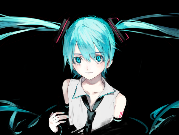 Anime picture 2704x2048 with vocaloid hatsune miku ozyako single long hair looking at viewer fringe highres simple background hair between eyes twintails upper body aqua eyes aqua hair black background girl necktie