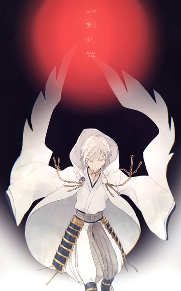 Anime picture 1111x1775 with touken ranbu nitroplus tsurumaru kuninaga o-ishi single tall image short hair smile yellow eyes silver hair traditional clothes japanese clothes from above spread arms boy