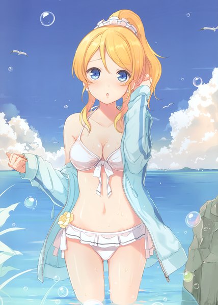 Anime picture 2111x2958 with love live! school idol project sunrise (studio) love live! ayase eli 6u (eternal land) single long hair tall image looking at viewer blush fringe highres breasts open mouth blue eyes light erotic blonde hair hair between eyes standing sky