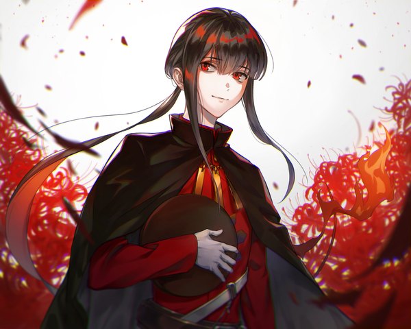 Anime picture 2500x1998 with fate (series) fate/grand order oda nobukatsu (fate) tamayai single long hair fringe highres black hair hair between eyes red eyes upper body low ponytail hat removed headwear removed boy flower (flowers) higanbana
