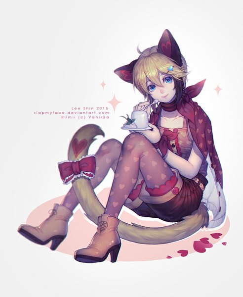 Anime picture 656x800 with original slapmyface single tall image looking at viewer fringe short hair blue eyes black hair blonde hair smile sitting animal ears bent knee (knees) tail animal tail multicolored hair cat ears two-tone hair cat girl