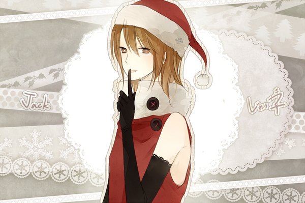 Anime picture 1000x666 with nico nico singer jack (pointfive) sincere (artist) single looking at viewer short hair blonde hair bare shoulders brown eyes grey background wallpaper christmas otoko no ko boy gloves elbow gloves santa claus hat santa claus costume