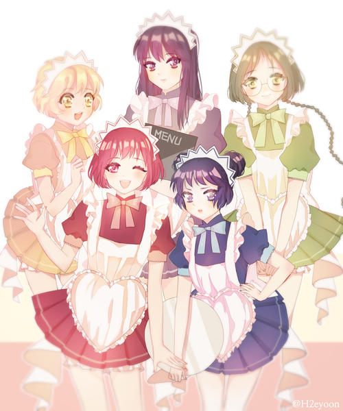 Anime picture 1767x2118 with tokyo mew mew studio pierrot momomiya ichigo mint aizawa midorikawa lettuce fong pudding fujiwara zakuro hiyun (heiyoon07) long hair tall image looking at viewer blush fringe highres short hair open mouth blonde hair smile red eyes standing