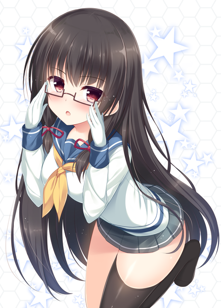 Anime picture 1222x1706 with kantai collection isokaze destroyer tomoo (tomo) single long hair tall image looking at viewer blush open mouth black hair red eyes tress ribbon adjusting glasses bespectacled girl thighhighs skirt gloves uniform ribbon (ribbons)