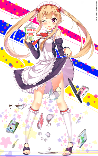 Anime picture 1250x2000 with outbreak company feel (studio) myucel foalan gendo0032 single long hair tall image blush open mouth blonde hair smile twintails one eye closed pink eyes pointy ears wink maid girl socks food