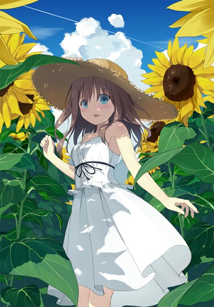Anime picture 700x1005 with original sutorora single long hair tall image looking at viewer blush fringe open mouth blue eyes brown hair standing bare shoulders sky cloud (clouds) sunlight shadow girl dress flower (flowers)