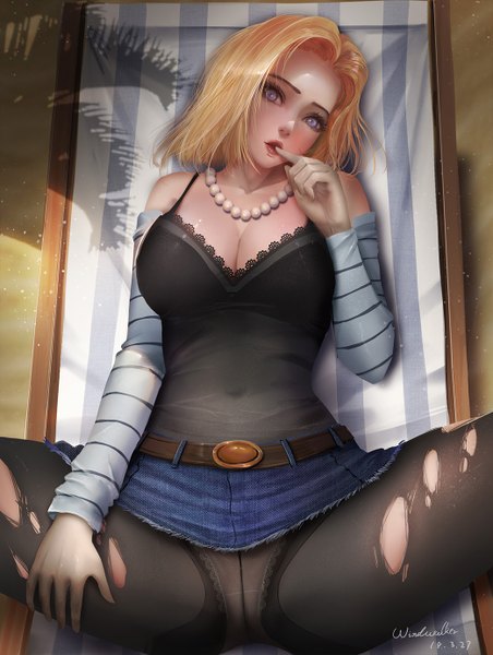 Anime picture 1042x1382 with dragon ball dragon ball z android 18 turewindwalker single tall image looking at viewer blush short hair breasts open mouth blue eyes light erotic blonde hair bare shoulders signed cleavage outdoors lying from above
