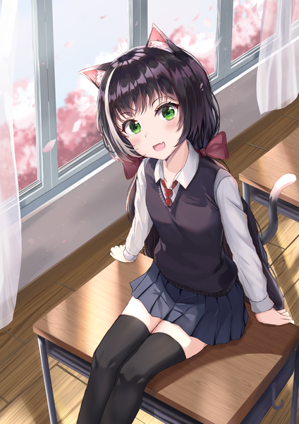 Anime picture 2826x4000 with princess connect! re:dive princess connect! karyl (princess connect!) shirokuma (zeroillya) single long hair tall image looking at viewer blush fringe highres open mouth black hair smile hair between eyes sitting twintails green eyes animal ears payot