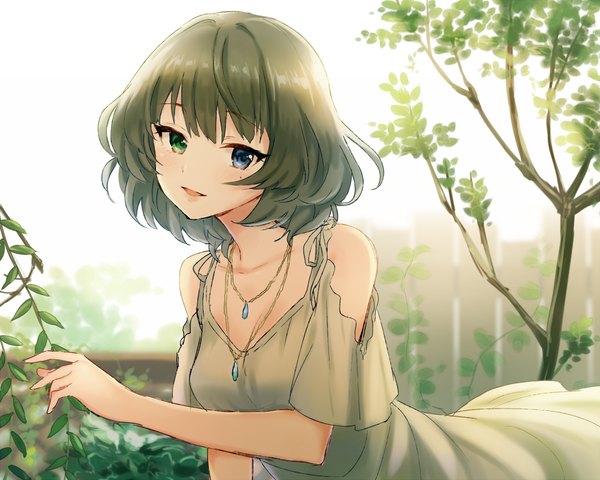 Anime picture 1000x800 with idolmaster idolmaster cinderella girls takagaki kaede blue21 single looking at viewer blush fringe short hair open mouth blue eyes smile brown hair standing bare shoulders green eyes sky outdoors :d off shoulder