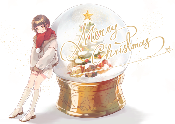 Anime picture 2121x1500 with original kamogawa akira single fringe highres short hair simple background brown hair white background brown eyes full body blunt bangs christmas merry christmas bob cut girl jacket scarf knee boots red scarf